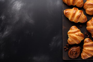 Croissants and pastries on black chalkboard background