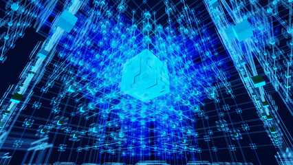 A 3D illustration of blockchain in holographic style, dark background, wide camera angle	
