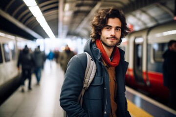 Portrait of handsome man waiting for a train at the subway station