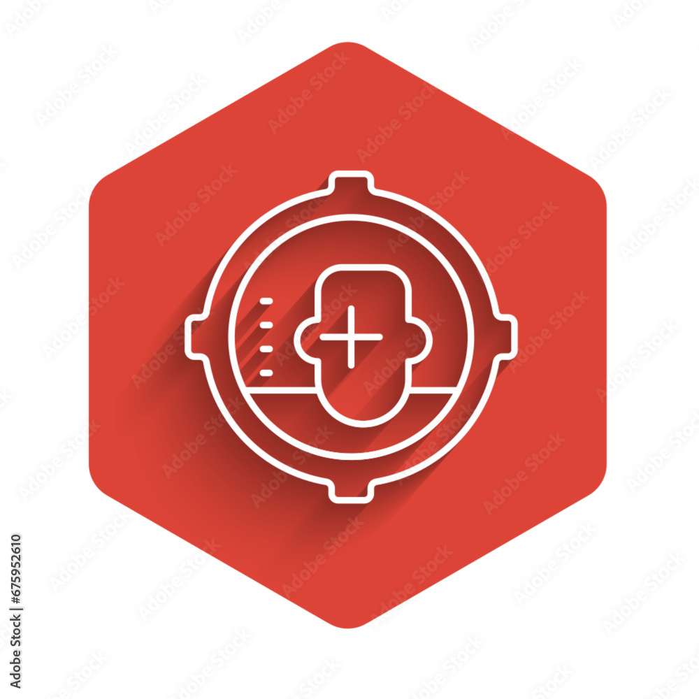 Poster white line headshot icon isolated with long shadow. sniper and marksman is shooting on the head of m