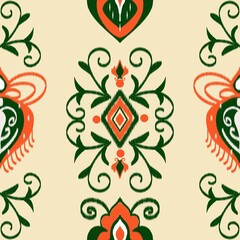 ikat Seamless Pattern with Green and Orange Ornaments