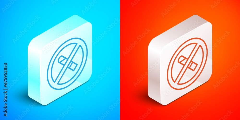 Sticker Isometric line No Smoking icon isolated on blue and red background. Cigarette symbol. Silver square button. Vector