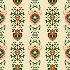 Ikat Seamless Pattern with Green and Orange Ornaments