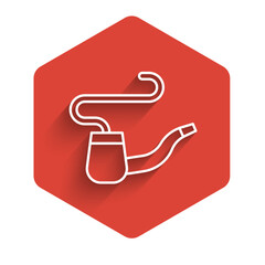 White line Smoking pipe with smoke icon isolated with long shadow background. Tobacco pipe. Red hexagon button. Vector