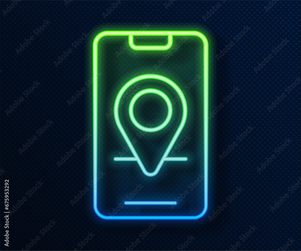 Poster glowing neon line infographic of city map navigation icon isolated on blue background. mobile app in