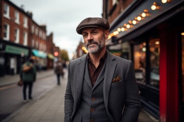 Portrait of a handsome middle-aged man with gray beard wearing a hat and coat walking in the city.