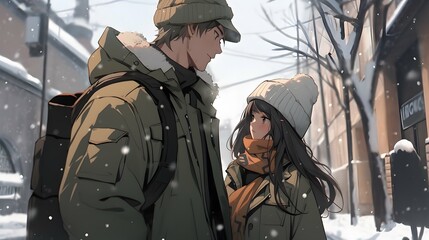 Cute Anime manga style LOFI Girl, cozy winter background illustration design