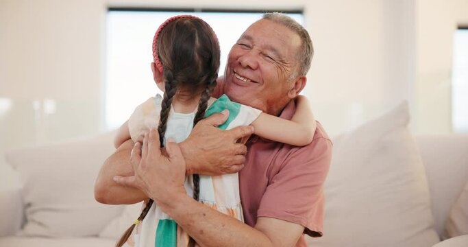 Home, hug and grandfather with girl, care and happiness with joy, apartment and bonding together. Face, senior man and elderly person with grandchild, kid and embrace with support, love and cheerful