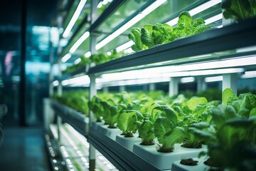 hydroponic farm with LED lighting growing lettuce