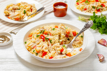 Chicken Fried Rice with vegetables in white bowl