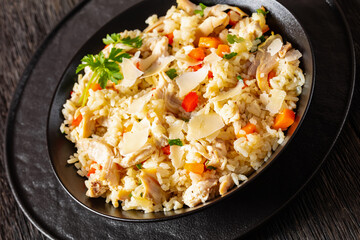 Chicken Fried Rice with vegetables in black bowl