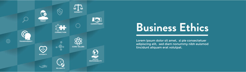 Business Ethics Web Banner and Icon Set with Honesty, Integrity, Commitment, and Decision