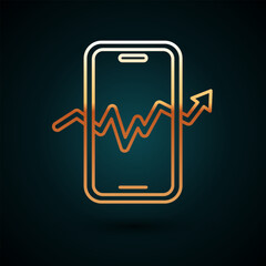 Gold line Mobile stock trading concept icon isolated on dark blue background. Online trading, stock market analysis, business and investment. Vector