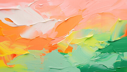 Closeup of abstract rough colorful Green orange pink colors art painting texture background wallpaper. AI generated