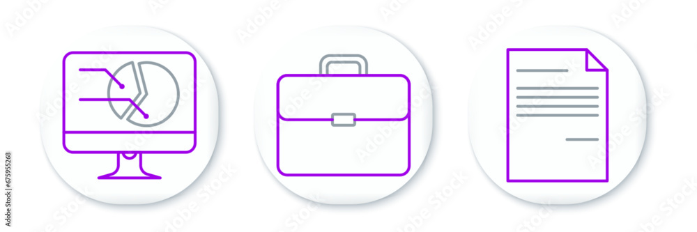 Poster set line document, computer monitor with graph chart and briefcase icon. vector