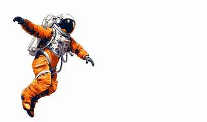 Illustration of an astronaut in an orange space suit floating in space against a white background. banner wallpaper copy space for text