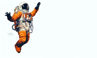 Illustration of an astronaut in an orange space suit floating in space against a white background. banner wallpaper copy space for text