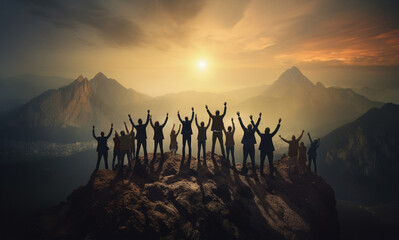 Triumphant businesspeople, working together as a team, celebrate their success on the mountaintop just as the sun rises, raising their hands in victory. Generative AI.