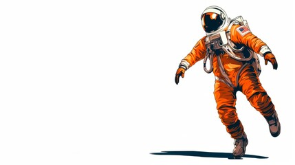 Illustration of an astronaut in an orange space suit floating in space against a white background. banner wallpaper copy space for text