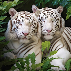 Two white tigers sitting next to each other