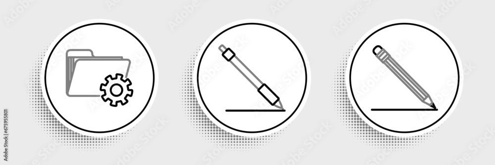 Poster set line pencil with eraser and line, folder settings gears and icon. vector