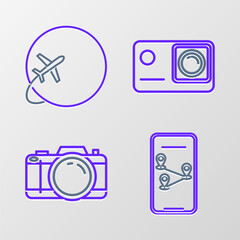 Set line Infographic of city map navigation, Photo camera, Action extreme and Globe with flying plane icon. Vector