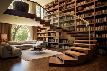 create a room with a stair case leading to ahome library
