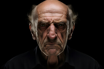 Obraz premium Angry senior Caucasian man, head and shoulders portrait on black background. Neural network generated photorealistic image. Not based on any actual person or scene.