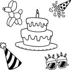 Line art outline birthday party decorations. Cute simple vector black and white for Birthday Party theme art