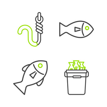 Set line Fishing bucket with fishes, and hook and worm icon. Vector