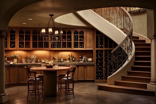 create a room with a staircase leading to a wine testin