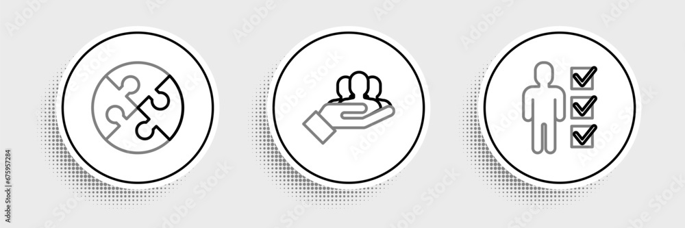 Poster set line user of man in business suit, piece puzzle and project team base icon. vector