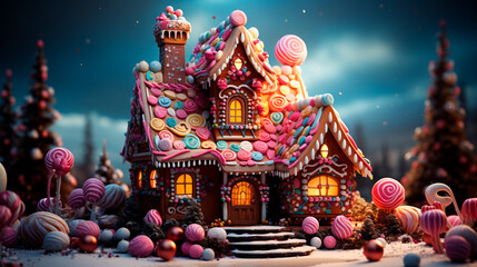 Holiday Confectionery Wonder: Intricately Crafted Gingerbread House adorned with Candy Canes, Icing, and Gumdrops for Festive Cheer. Generative AI.