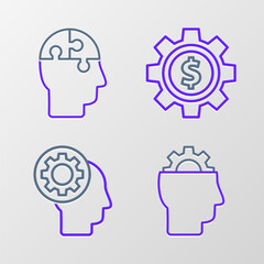 Set line Human with gear inside, head, Gear dollar symbol and puzzles strategy icon. Vector