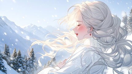 Cute Anime manga style LOFI Girl, cozy winter background illustration design