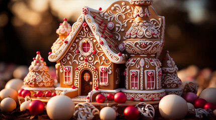 Gingerbread House Delight: Explore an Intricately Designed Confection with Candy Canes, Icing, and Gumdrops for Festive Holiday Magic. Generative AI.