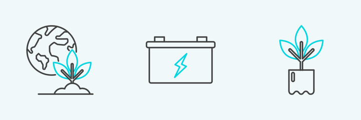 Set line Plant in bottle, Earth globe and plant and Car battery icon. Vector