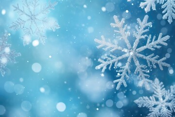Beautiful white decorative snowflake on a festive blue bokeh background with copy space