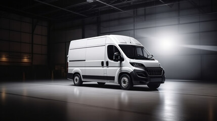 Sleek commercial van parked inside a spacious warehouse, captured in a moment of stillness and potential.