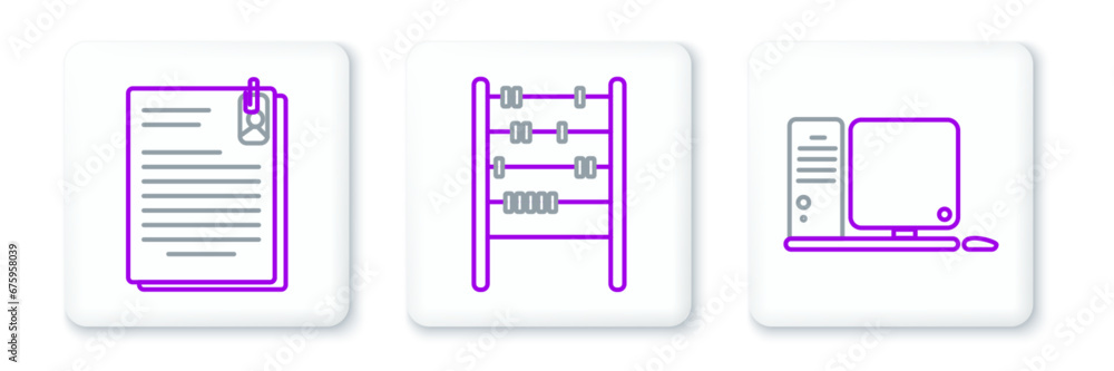 Poster set line computer monitor with keyboard and mouse, file document paper clip and abacus icon. vector