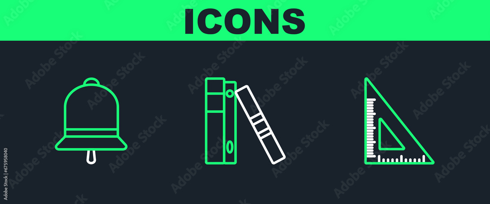 Poster set line triangular ruler, ringing bell and office folders with papers and documents icon. vector