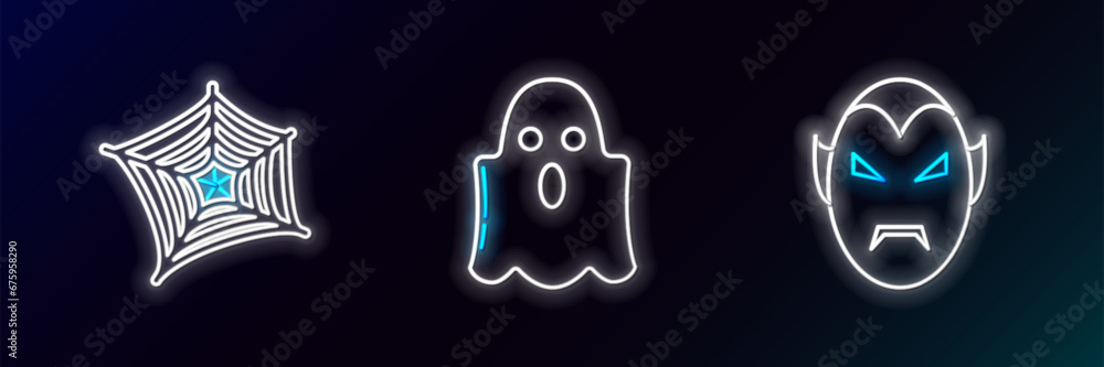 Poster set line vampire, spider web and ghost icon. glowing neon. vector