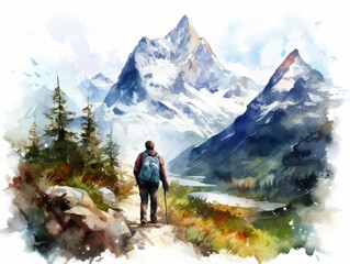 Fototapeta premium Watercolor illustration. A traveler on the edge of a cliff with a spectacular view behind him. a single man hiking on a mountain trail. Amazing valley view