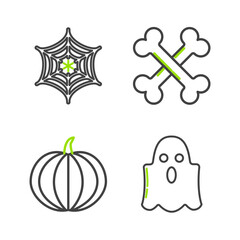 Set line Ghost, Pumpkin, Crossed bones and Spider web icon. Vector