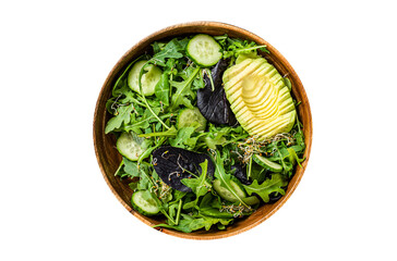 Green vegan salad with green leaves mix, avocado and vegetables. Transparent background. Isolated