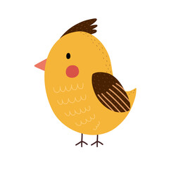 Cute yellow bird character in cartoon style. Funny animal isolated on white background. Doodle print for kids and nursery design. Vector illustration