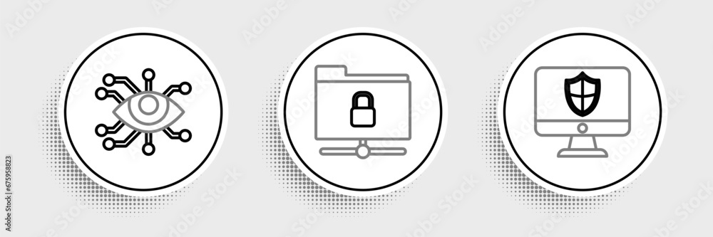Poster set line computer monitor and shield, eye scan and ftp folder lock icon. vector
