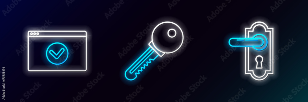 Poster set line door handle, secure your site with https, ssl and key icon. glowing neon. vector