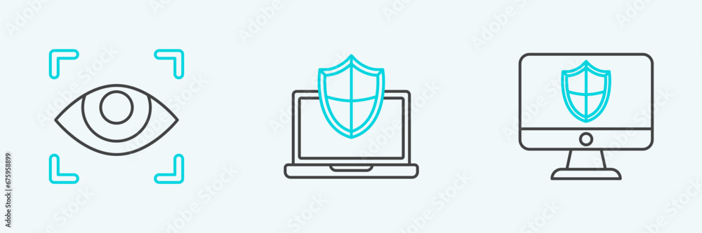 Poster set line computer monitor and shield, eye scan and laptop protected with icon. vector