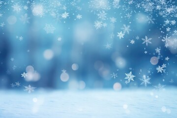 Naklejka premium Beautiful white decorative snowflakes on a festive blue bokeh background with copy space